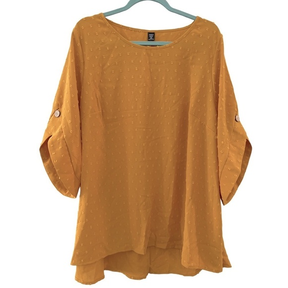 Women’s Plus Size Mustard Yellow Swiss Dot Flare Short Sleeve Blouse Top - Picture 2 of 14